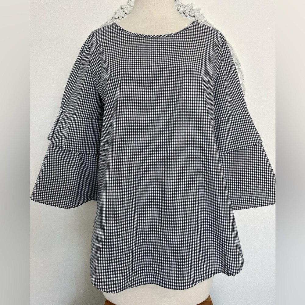 Van Heusen Womens Top Size L Large- Black White Gingham Bell Sleeve Shirt